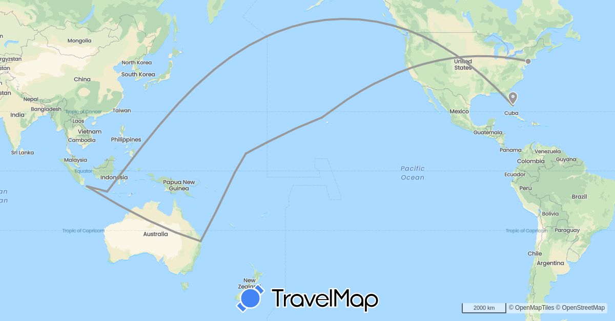 TravelMap itinerary: driving, plane in Australia, Indonesia, Marshall Islands, Nauru, United States (Asia, North America, Oceania)